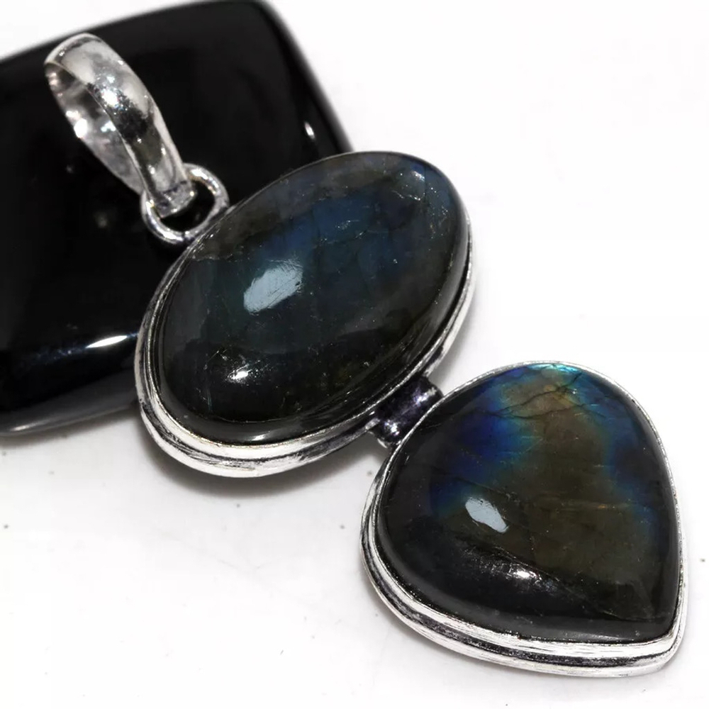 Fiery Labradorite 925 Silver Plated Gemstone Necklace Pendant 2" Long